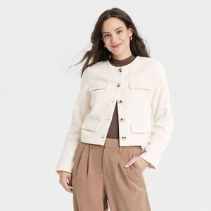 A New Day Womens Cream Tweed Cropped Ladies Jacket Gold Button Pockets M